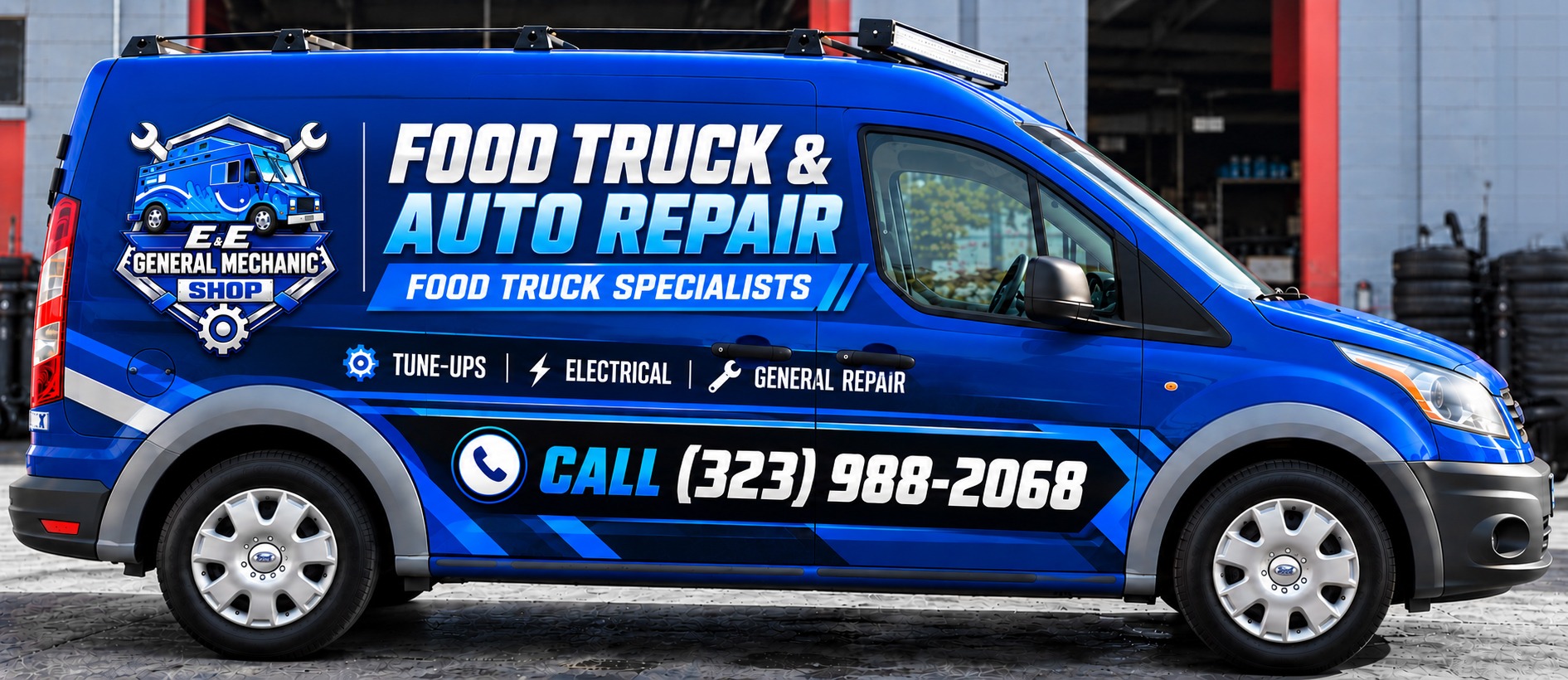 E&E General Mechanic Shop vehicle graphics concept showing food truck and auto repair, food truck specialists, services and call information